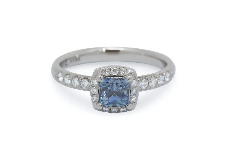 Custom Princess Sapphire & Diamond Halo Ring, Platinum