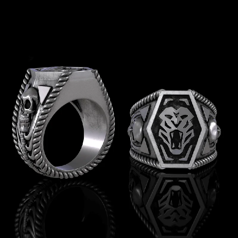 Fierce Tiger Sterling Silver Skull Ring