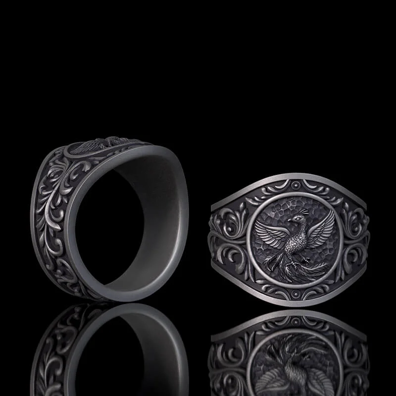 Floral Scrolls Phoenix Sterling Silver Ring