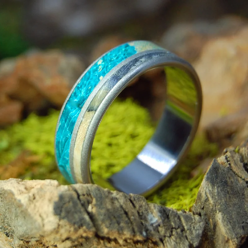 Glass Bead Trust & Commit | Titanium & Turquoise Box Elder & Black Box Elder Wood Wedding Ring