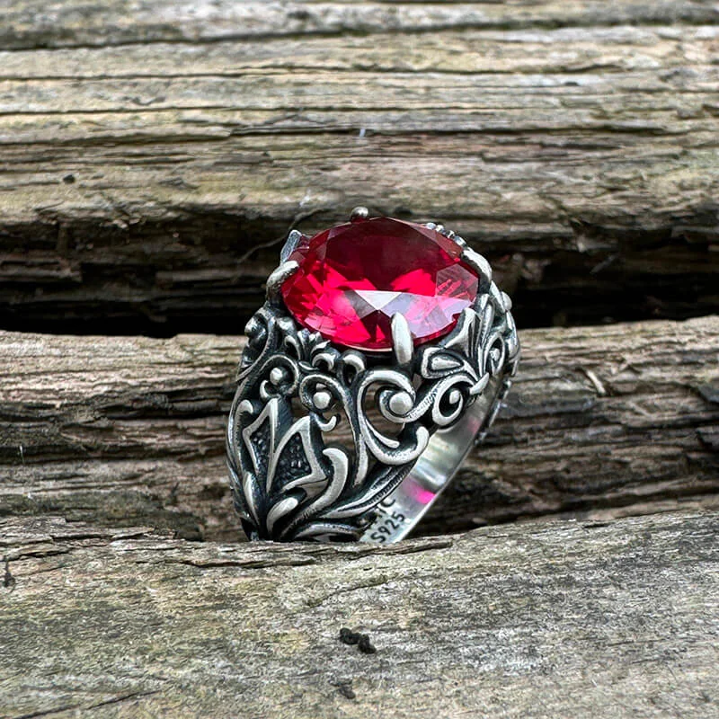 Gothic Pattern Red Zircon Sterling Silver Ring