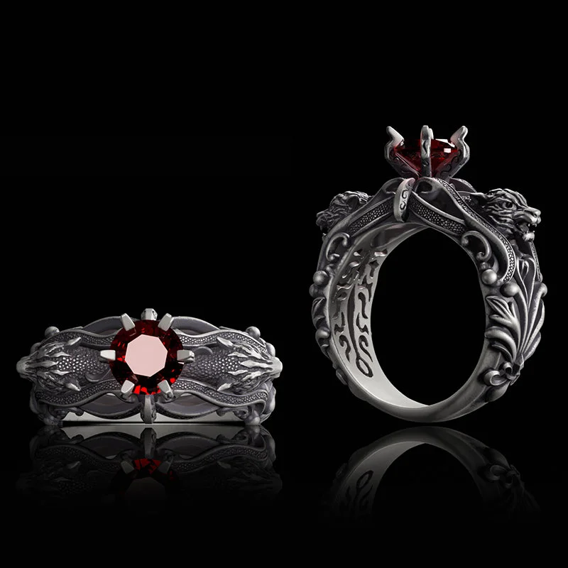 Gothic Tiger Heads Red Gem Sterling Silver Ring