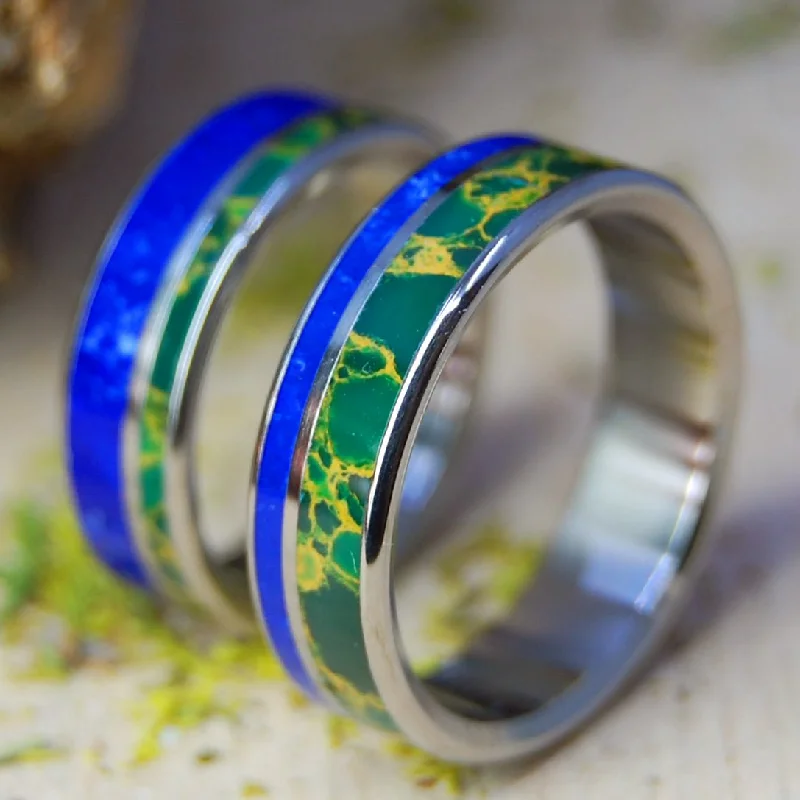 Green Valley Blue Sea | Sodalite Stone & Egyptian Jade - His & Hers Wedding Band Set - Stone Wedding Rings