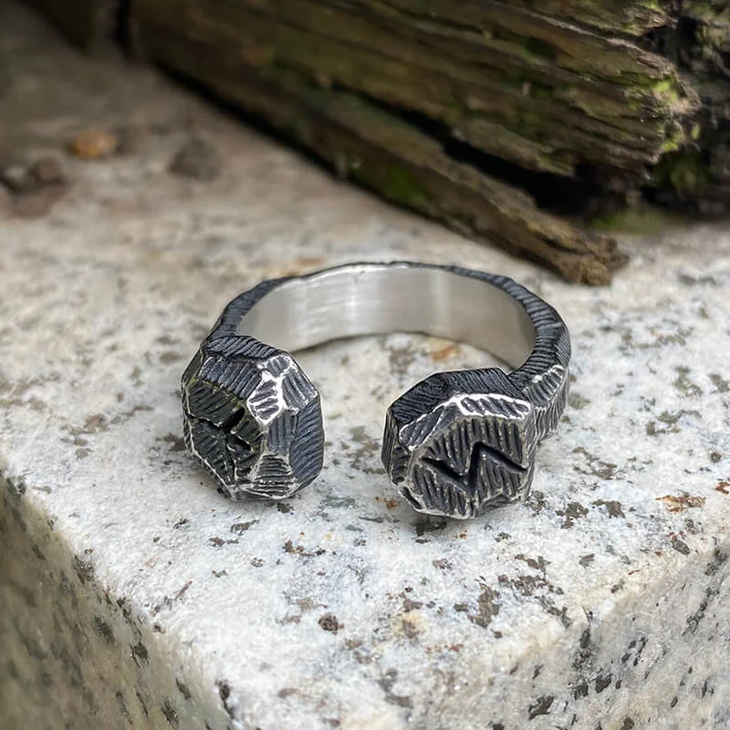 Hammered Pattern Runes Stainless Steel Open Ring