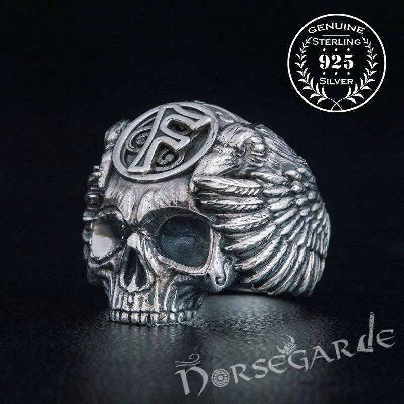 Handcrafted Ansuz Skull and Ravens Ring - Sterling Silver