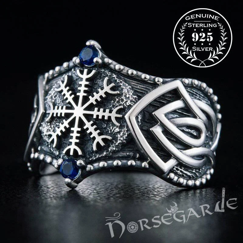 Handcrafted Gemmed Helm of Awe Celtic Ring - Sterling Silver