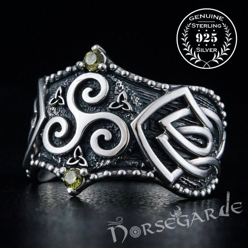 Handcrafted Gemmed Triskelion Celtic Ring - Sterling Silver