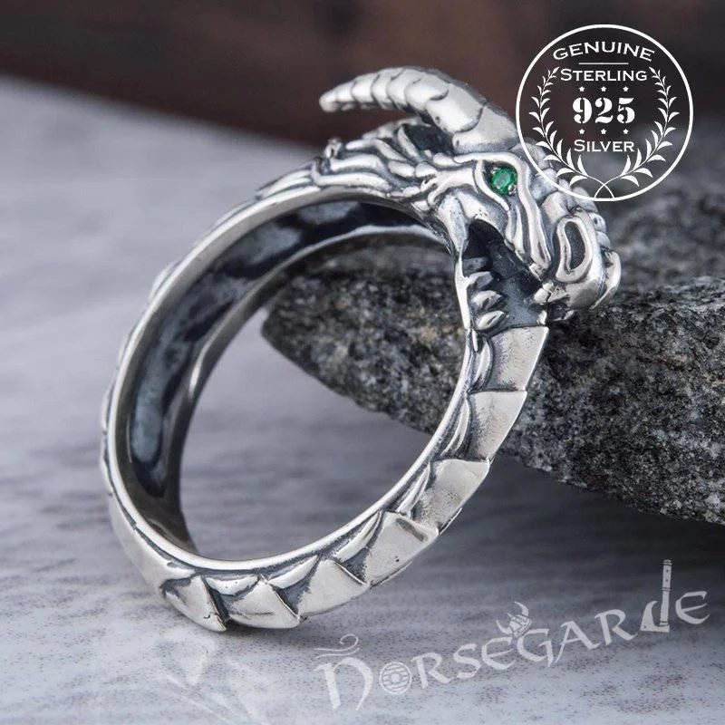 Handcrafted Green Eyed Jormungandr Ring - Sterling Silver