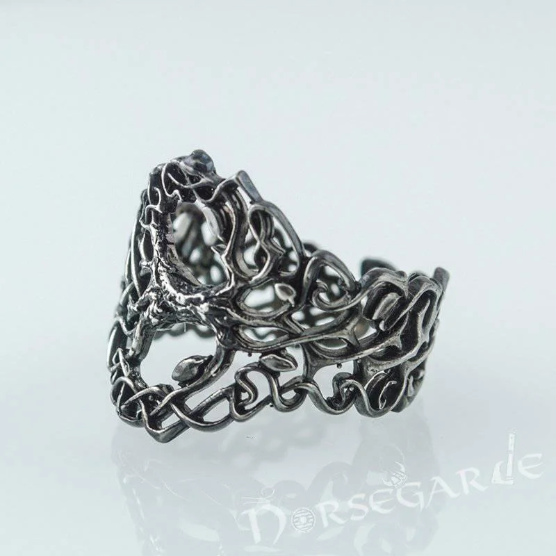 Handcrafted Intertwined Yggdrasil Ring - Ruthenium Plated Sterling Silver