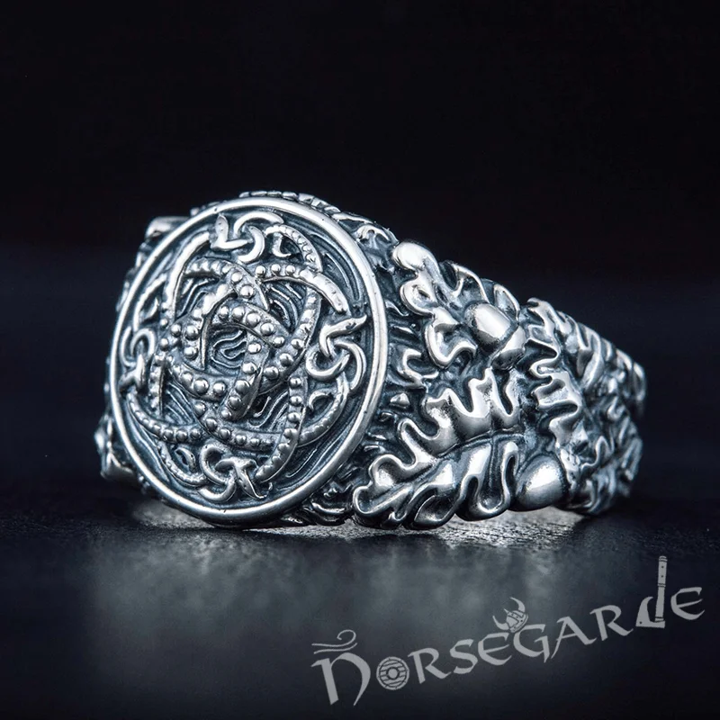 Handcrafted Jormungandr Oak Leaves Ring - Sterling Silver