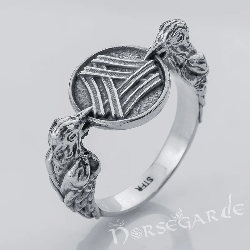 Handcrafted Odin Ravens and Valknut Ring - Sterling Silver