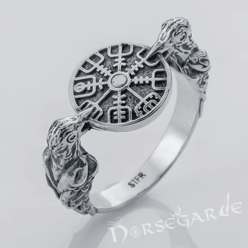 Handcrafted Odin Ravens and Vegvisir Ring - Sterling Silver