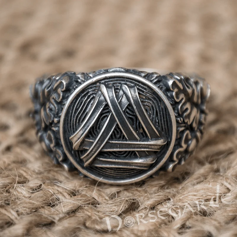 Handcrafted Valknut Oak Leaves Ring - Sterling Silver