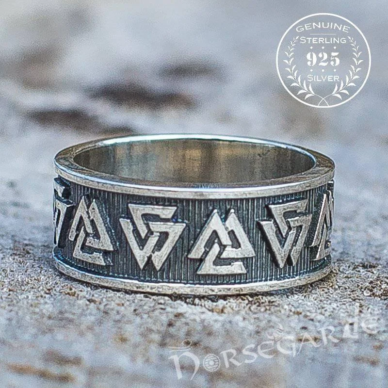 Handcrafted Valknut Runes Band - Sterling Silver