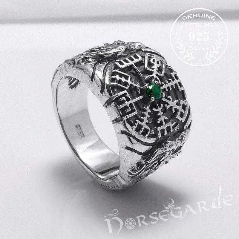 Handcrafted Vegvisir and Wolves Gemmed Ring - Sterling Silver