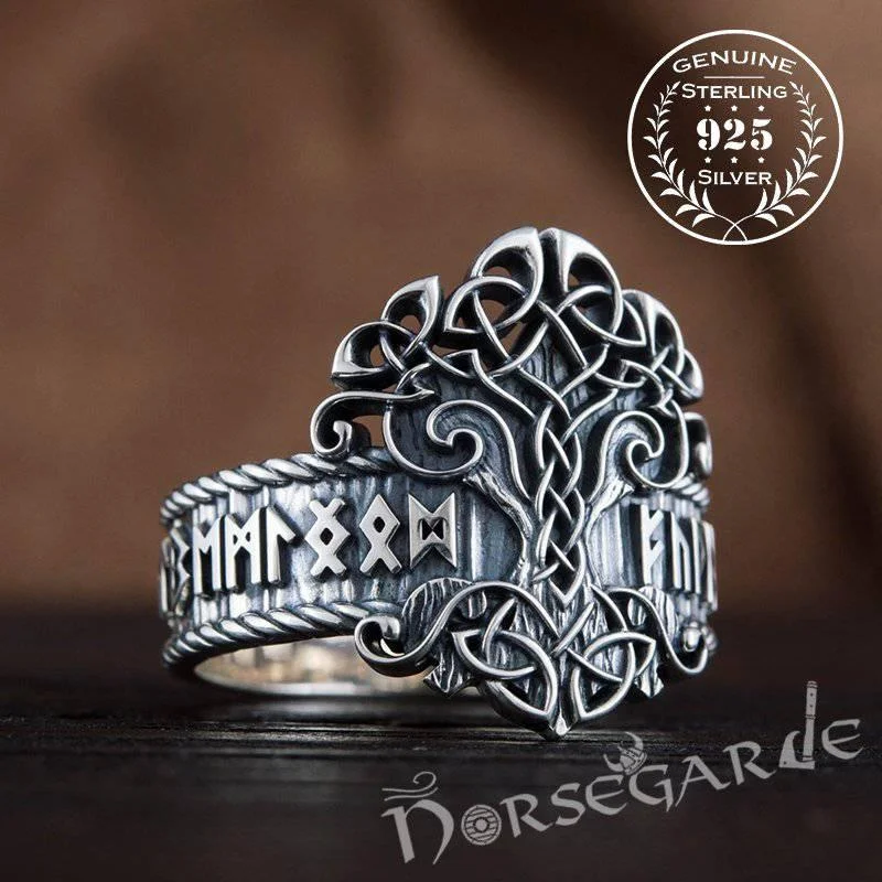 Handcrafted Yggdrasil and Runic Circle Ring - Sterling Silver