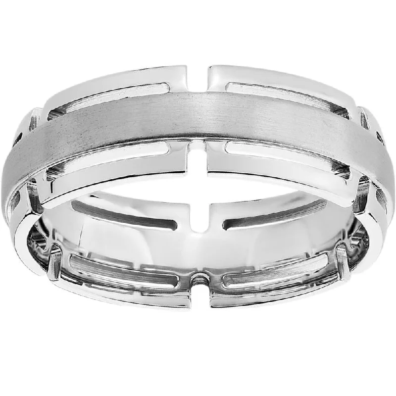 Men's 7mm Modern Link Edge Wedding Ring in White, Yellow, or Rose Gold