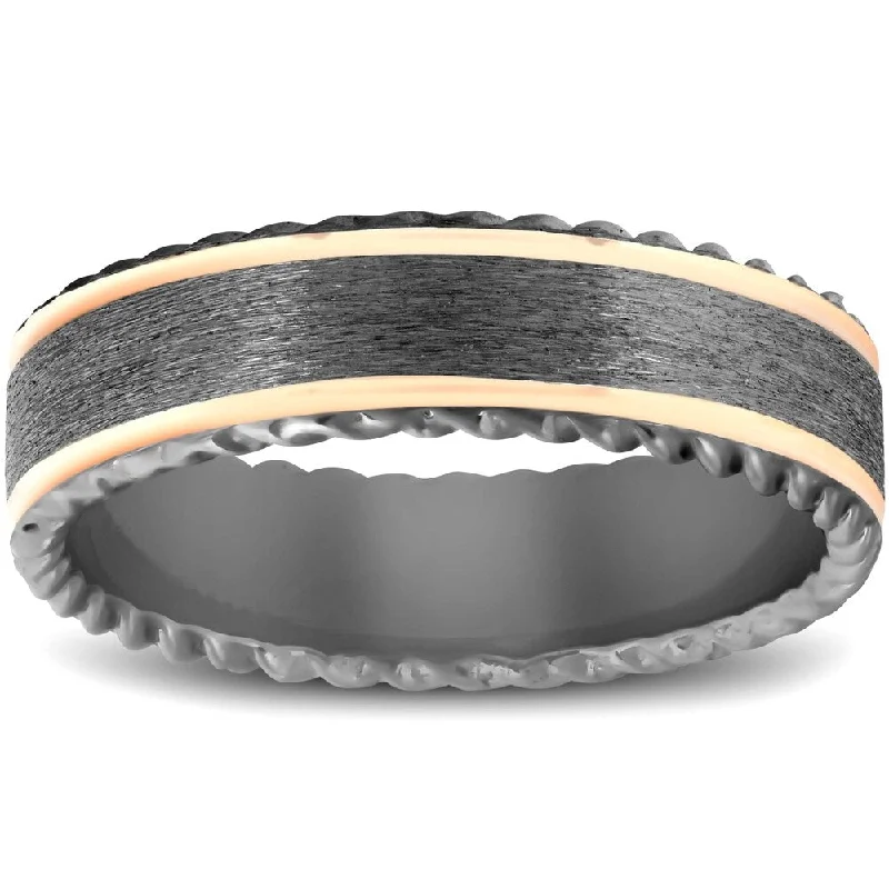 Mens Black & Rose Gold 6MM Comfort Fit Braided Brushed Wedding Band