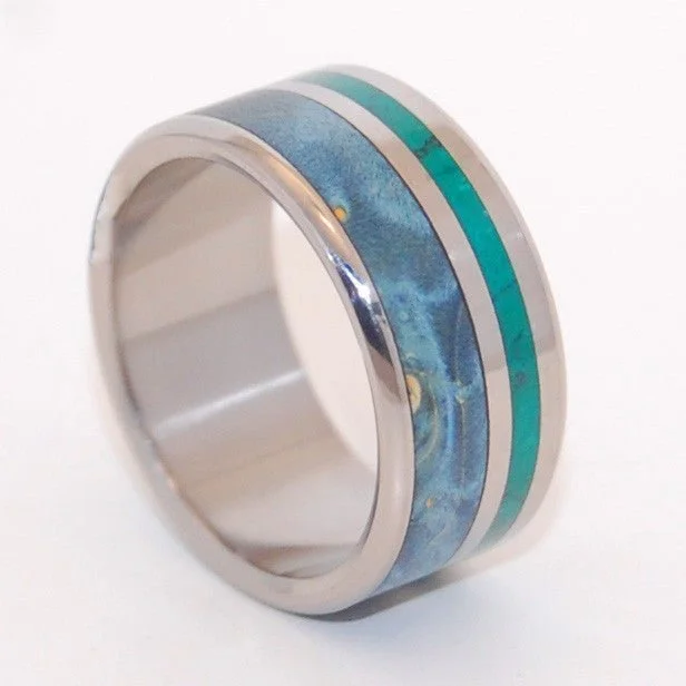 Peaceful Waters | Men's Jade, Blue Box Elder Wood & Titanium Wedding Ring