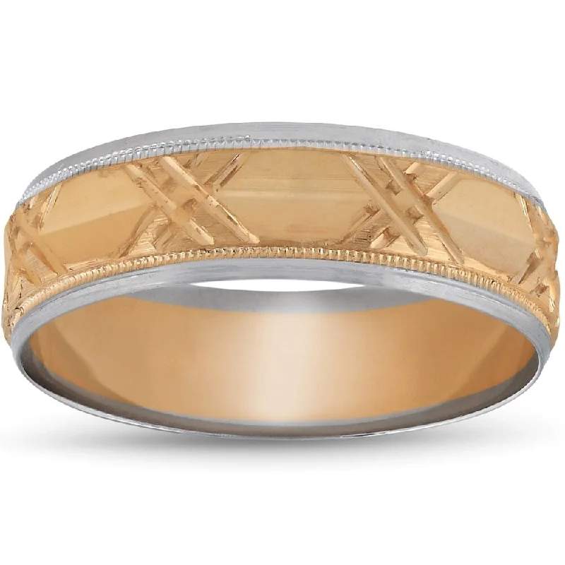 Pompeii3 14k White & Rose Gold Two Tone Mens 6mm Hand Carved Wedding Band