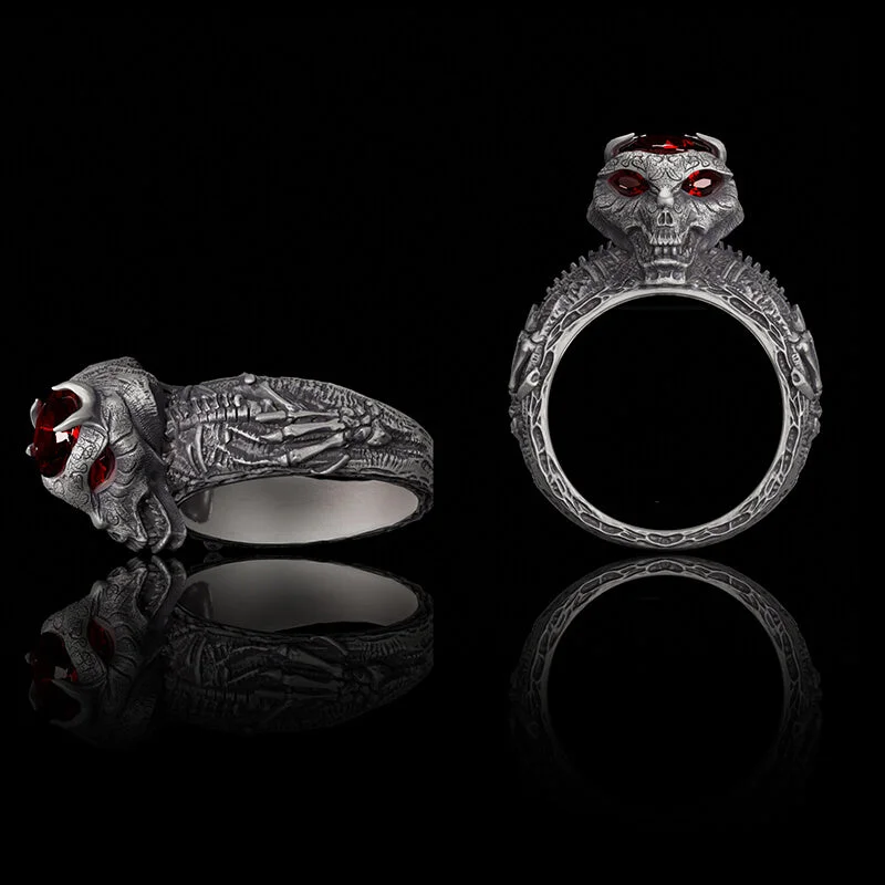 Red Eyed Demon Skull Sterling Silver Ring