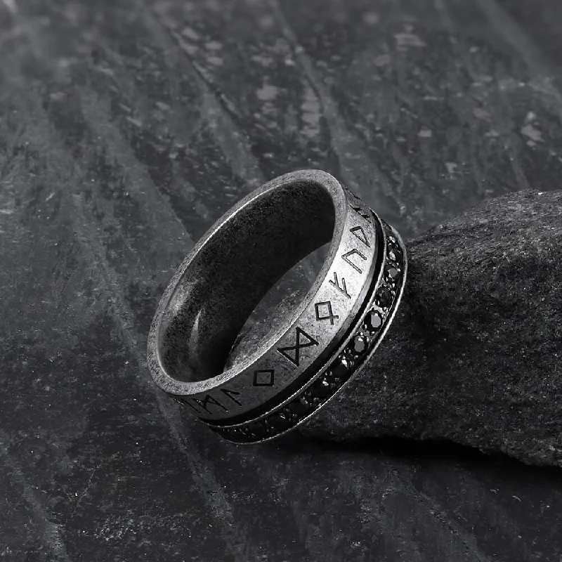 Runes Black Stone Stainless Steel Ring