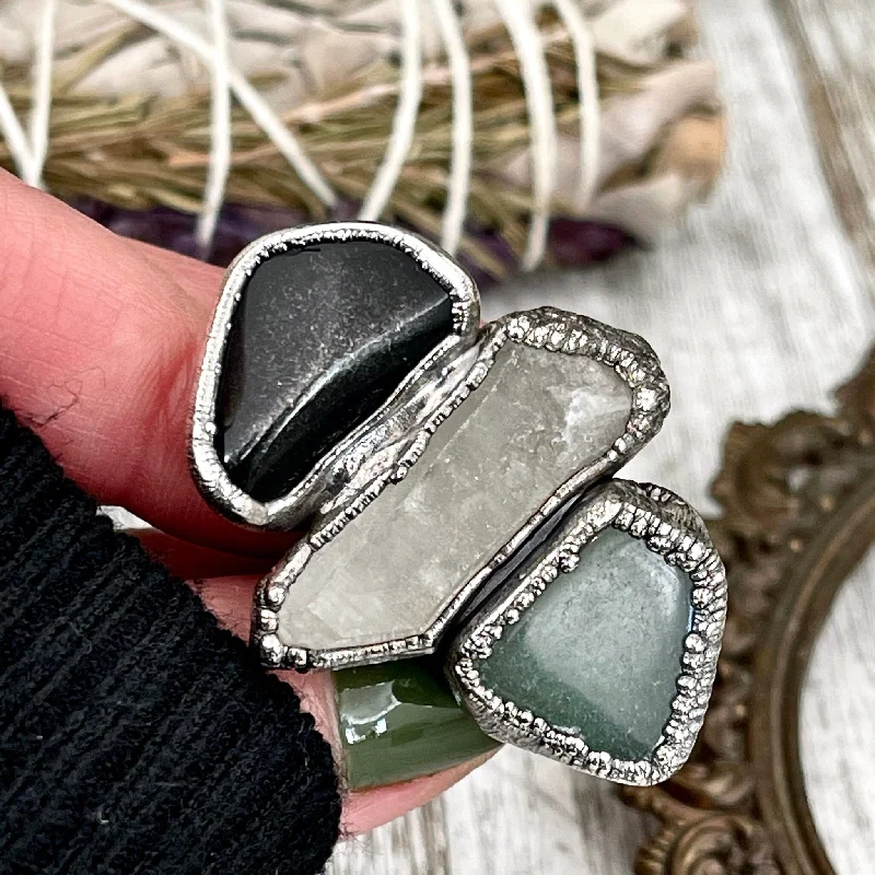 Size 7 Crystal Ring - Three Stone Black Onyx Aventurine Raw Quartz Ring in Silver / Foxlark Collection - One of a Kind