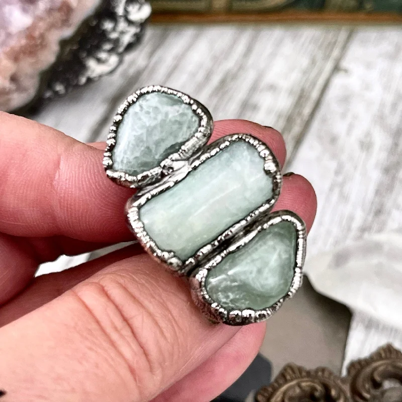 Size 7 Crystal Ring - Three Stone Ring Aquamarine Raw Ring In Silver / Foxlark Collection - One of a Kind