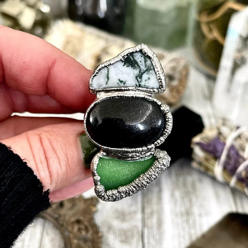 Size 8 Crystal Ring - Three Stone Black Onyx Sea Glass Moss Agate Ring Sliver / Foxlark Collection - One of a Kind