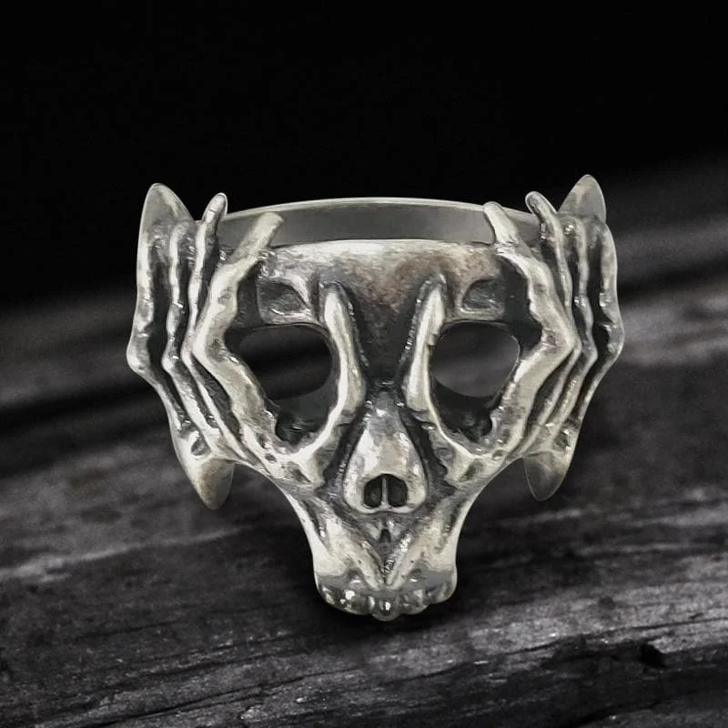 Skeleton Hand Head Sterling Silver Skull Ring