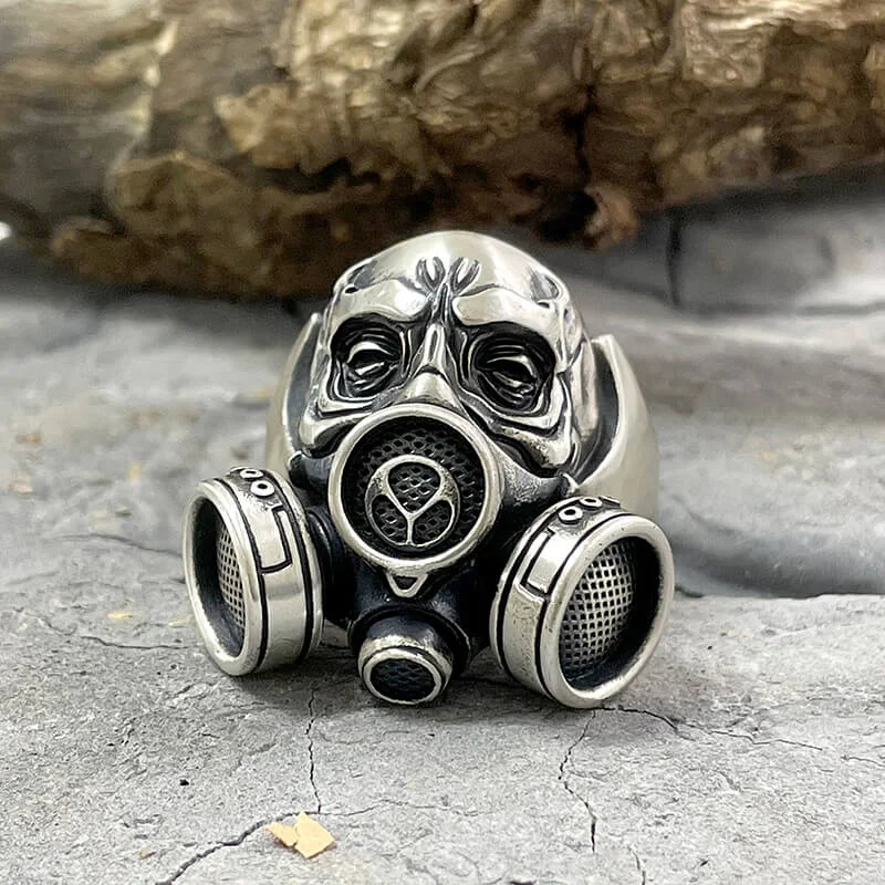 Skull Gas Mask Respirator Sterling Silver Ring