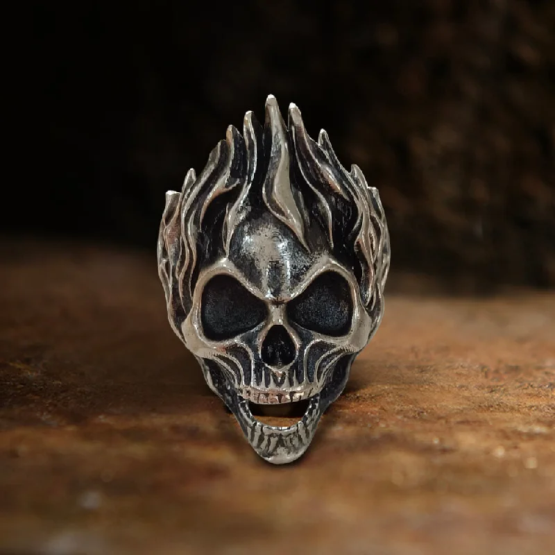 Skull on Fire Sterling Silver Ring