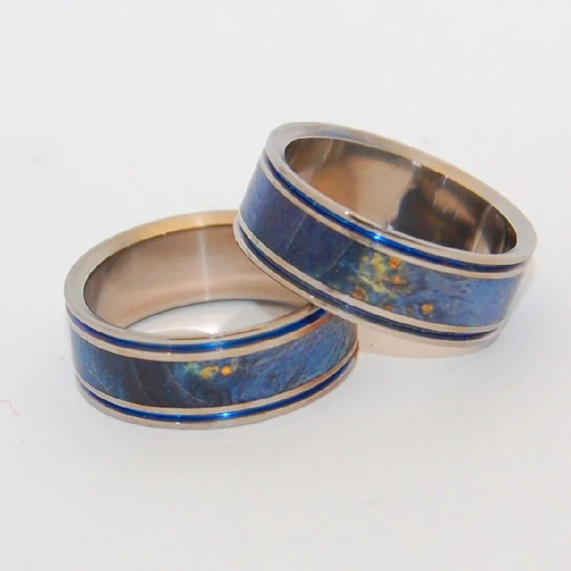 Laugh | Blue Box Elder Wood & Hand Anodized Titanium Wedding Ring - Wooden Wedding Ring