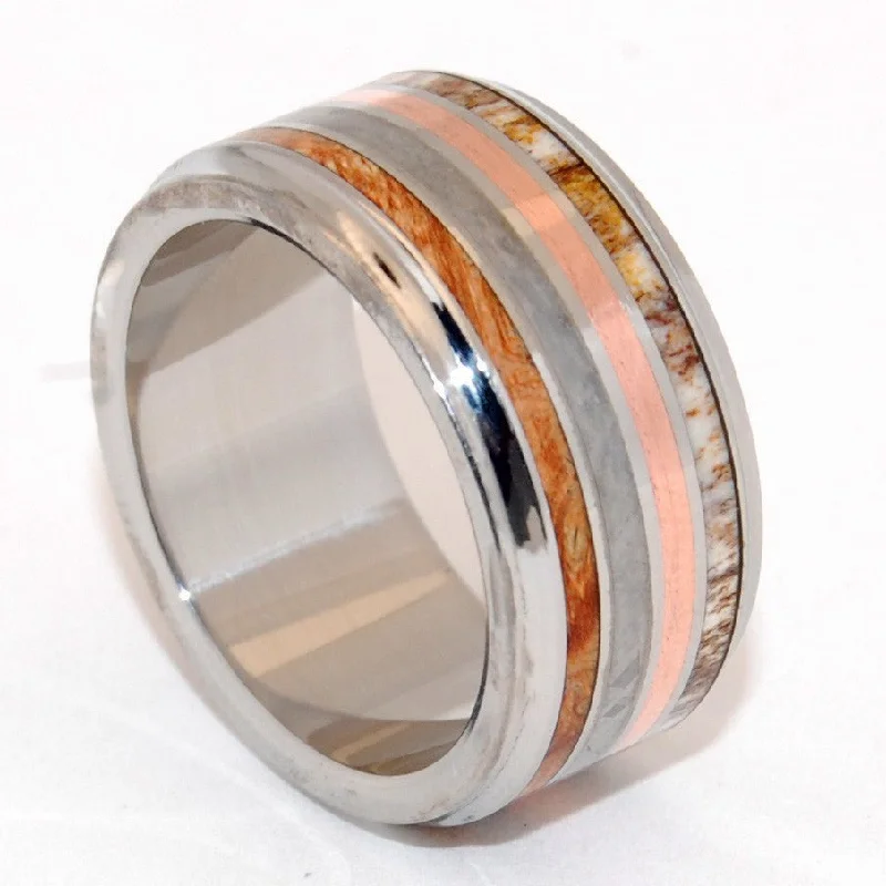 Strike The Match | Men's Meteorite, Copper, Box Elder Wood, & Moose Antler Titanium Wedding Ring