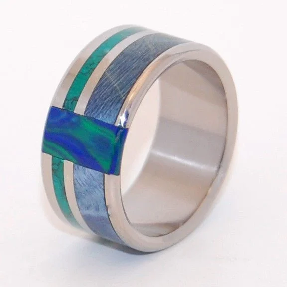 Peacock | Men's Blue Box Elder Wood, Jade Stone, Azurite Malachite Stone & Titanium Wedding Ring