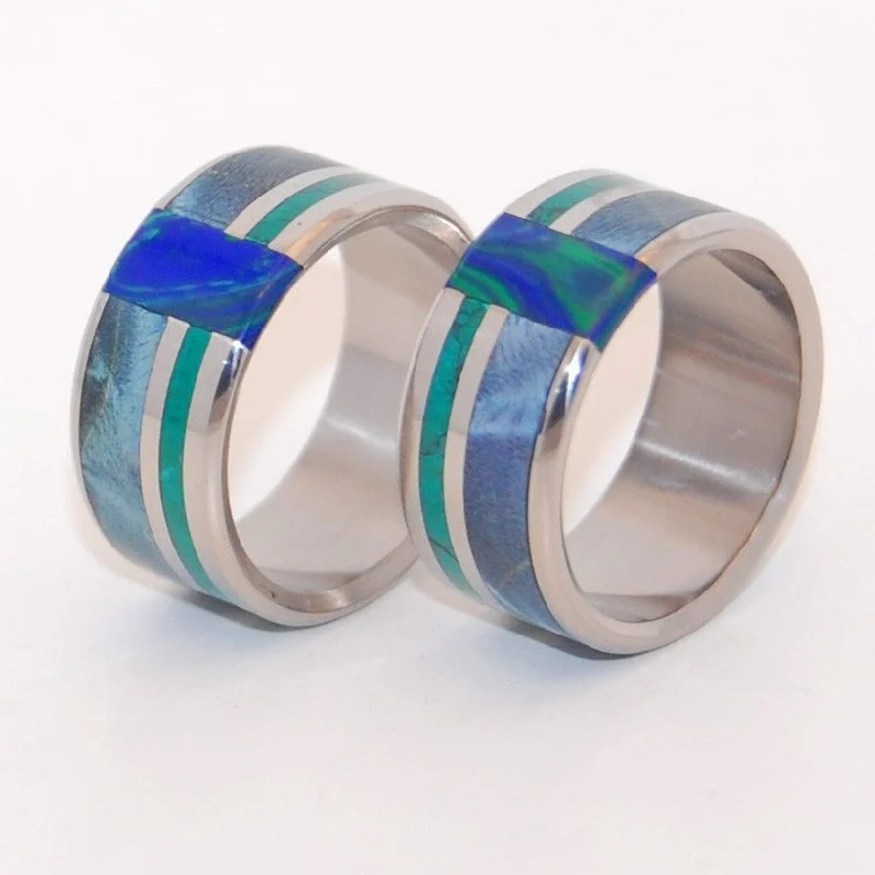 Peacock | Blue Box Elder Wood, Jade Stone, Azurite Malachite Stone - Wooden Wedding Ring Set