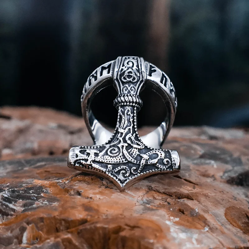 Thor's Hammer Runed Ring - Stainless Steel