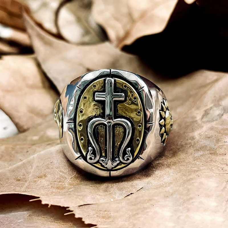 Trident of Poseidon Sterling Silver Petrine Cross Ring