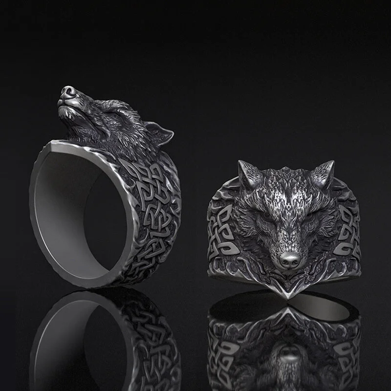 Viking Celtic Knot Wolf Head Sterling Silver Ring