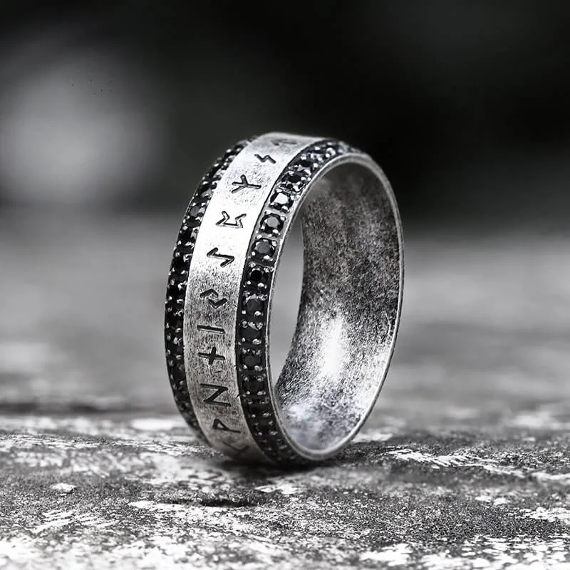 Viking Runes Gem-set Stainless Steel Band Ring