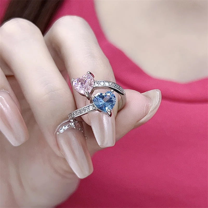 Wholesale Dual Color Stone Contrasting Heart-shaped Zircon Copper Ring