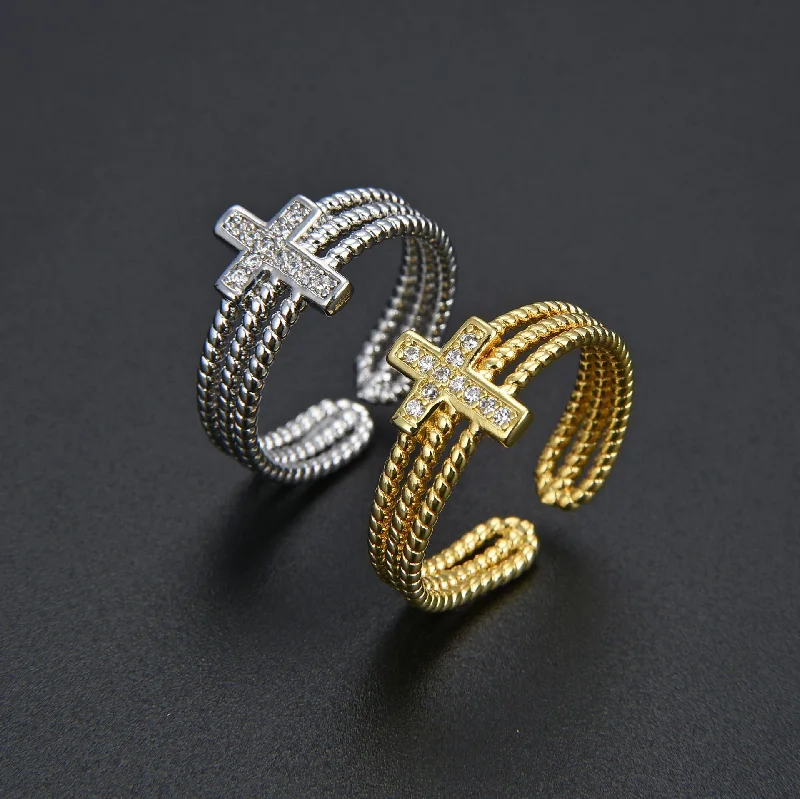 Wholesale Multi-layered Diamond Zircon Cross Open Adjustable Ring