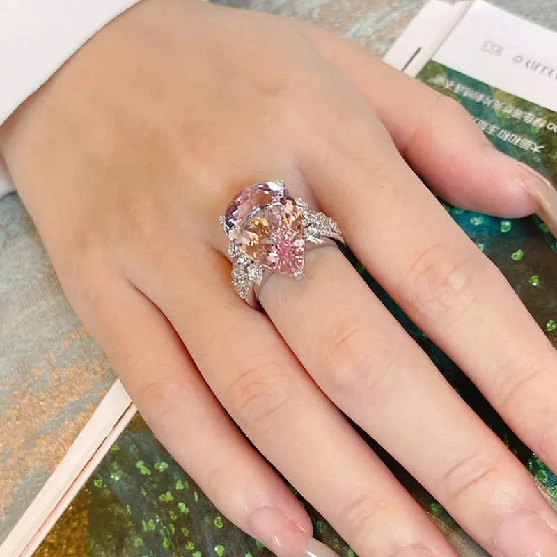 Wholesale Pink Water Droplet Shaped Full Diamond Copper Rings