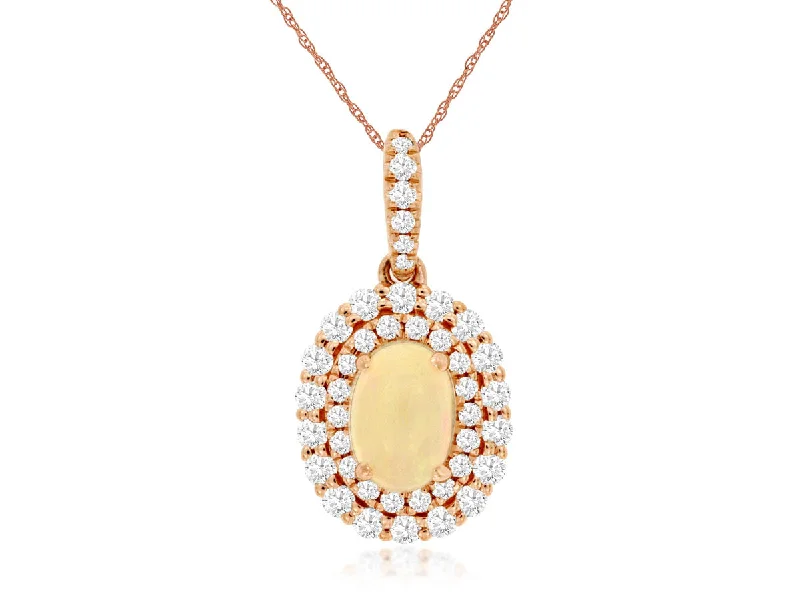 14K Rose Gold Opal and Diamond Halo Necklace