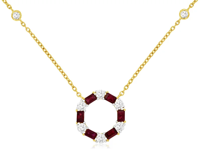 14K Yellow Gold Ruby and Diamond Circle Necklace