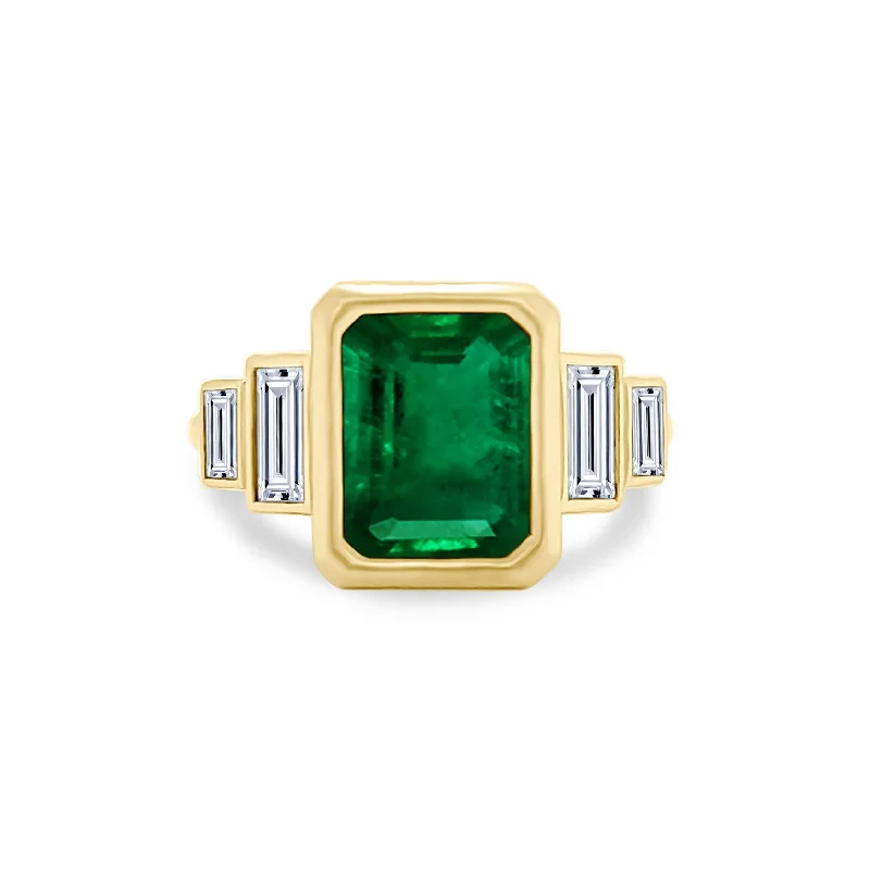 Bezel Set Emerald Cut Emerald with Double Baguette Cut Diamond Side Stones