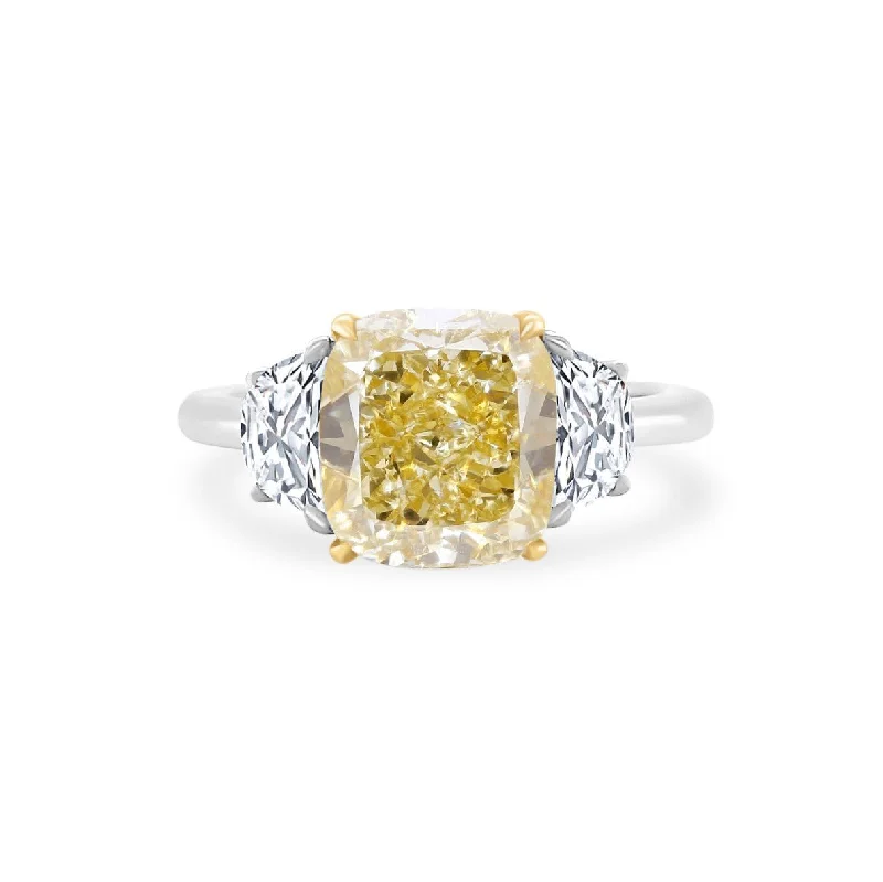 Cushion Cut Yellow Diamond with Half Moon Cut Side Stones