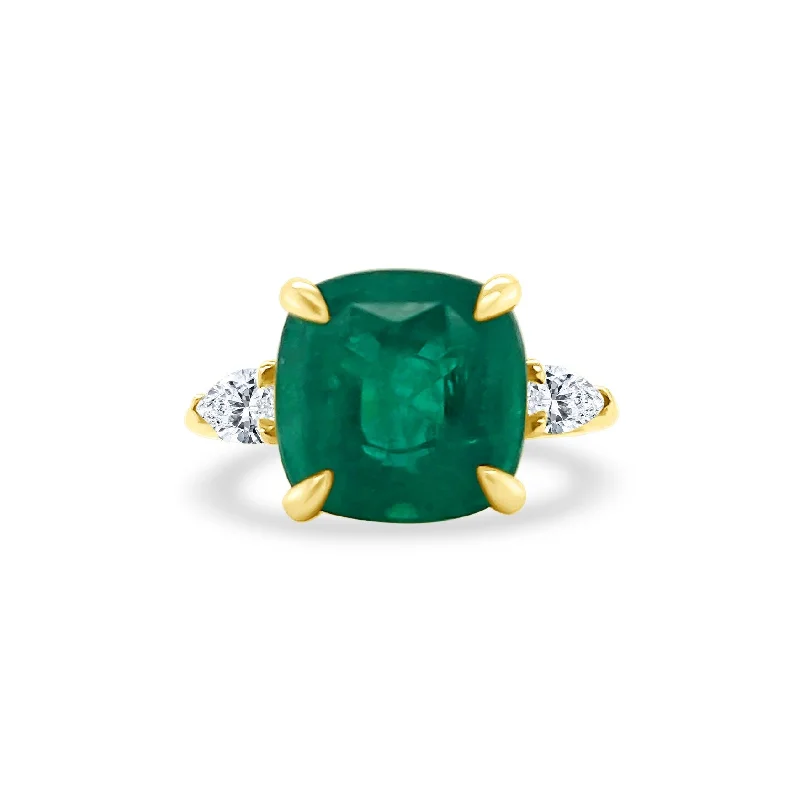 Cushion Cut Emerald with Pear Cut Diamond Side Stones