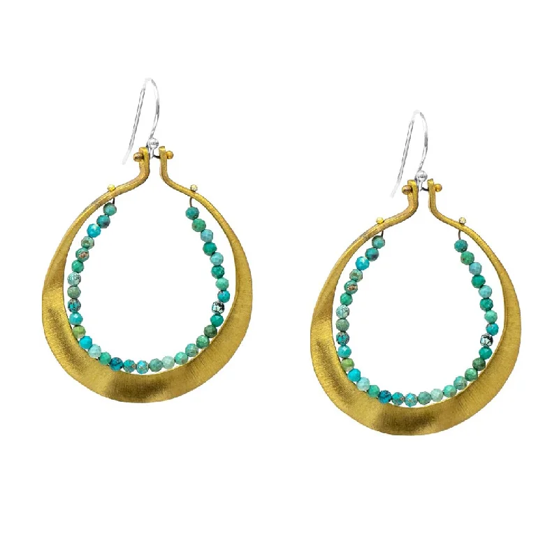 Hammered Brass Turquoise  Horseshoe Hoops