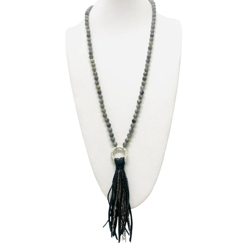 Labradorite Beaded Necklace With Leather & Chain Fringe